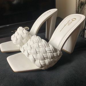 WHITE CROSS STITCHED HEELS